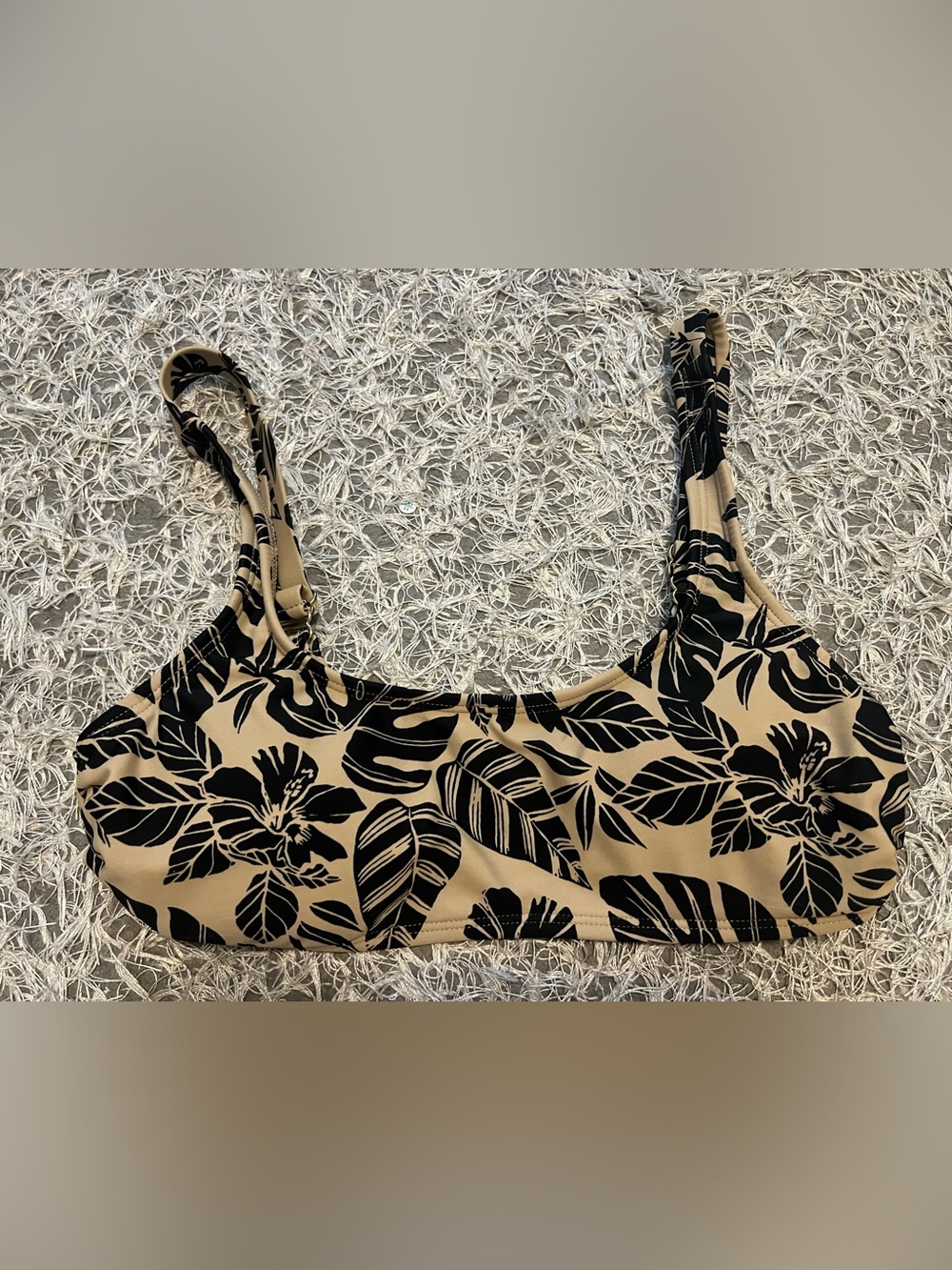 Xhilaration Beige Bikini Top with Black Leaf Print Size Medium Padded